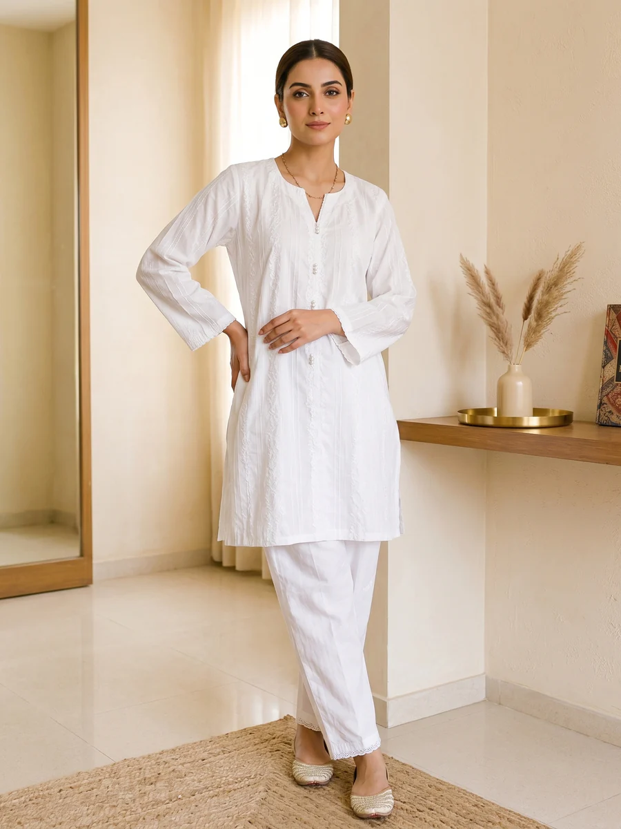 Pearl White Textured Lawn Suit – Ready-to-Wear 2 Piece Set